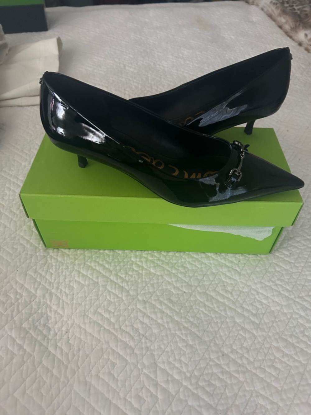 Sam Edelman Kaya Black Patent Pointed Kitten Heel Pumps with Chain